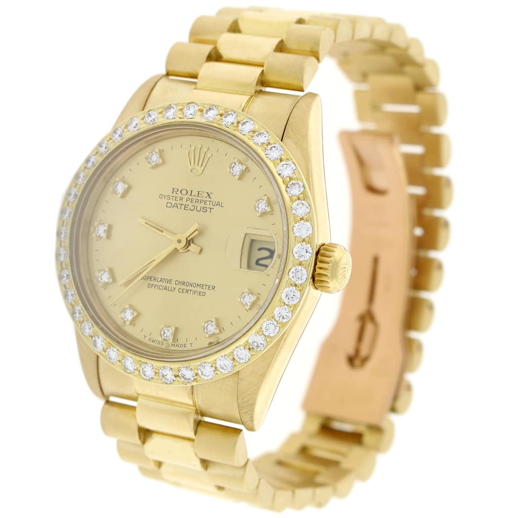 Rolex President Datejust Midsize 18K Yellow Gold Original Champagne Diamond Dial 31MM Automatic Watch 68278 w/Diamond Bezel - Image 9