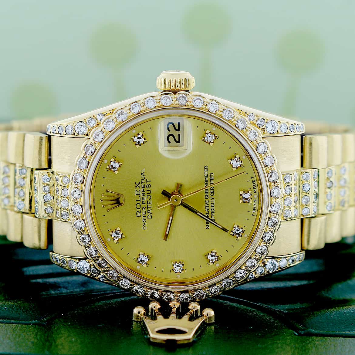 Rolex President Datejust Midsize 18K Yellow Gold Original Champagne Diamond Dial 31MM Automatic Watch w/Diamond Bezel & Bracelet - Image 2