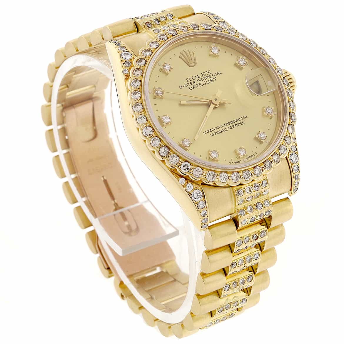 Rolex President Datejust Midsize 18K Yellow Gold Original Champagne Diamond Dial 31MM Automatic Watch w/Diamond Bezel & Bracelet - Image 4