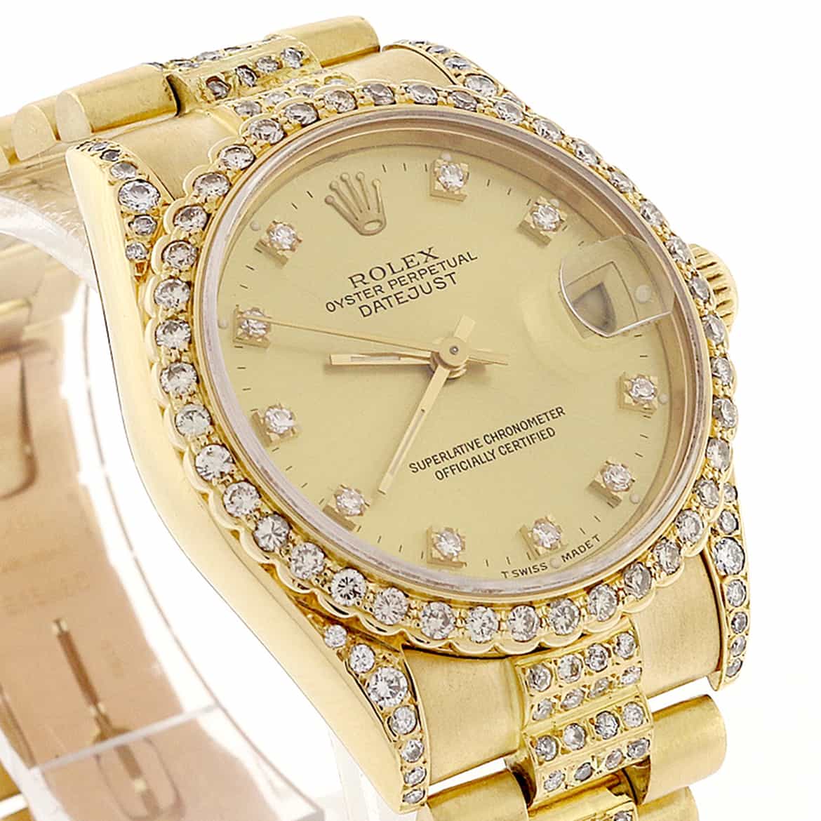 Rolex President Datejust Midsize 18K Yellow Gold Original Champagne Diamond Dial 31MM Automatic Watch w/Diamond Bezel & Bracelet - Image 6