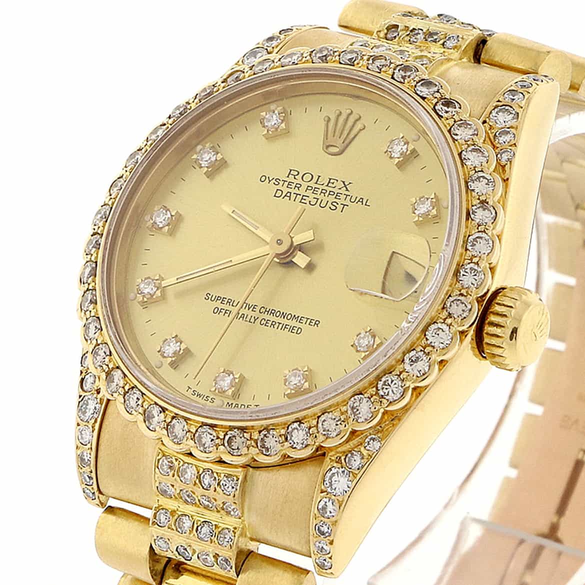 Rolex President Datejust Midsize 18K Yellow Gold Original Champagne Diamond Dial 31MM Automatic Watch w/Diamond Bezel & Bracelet - Image 7