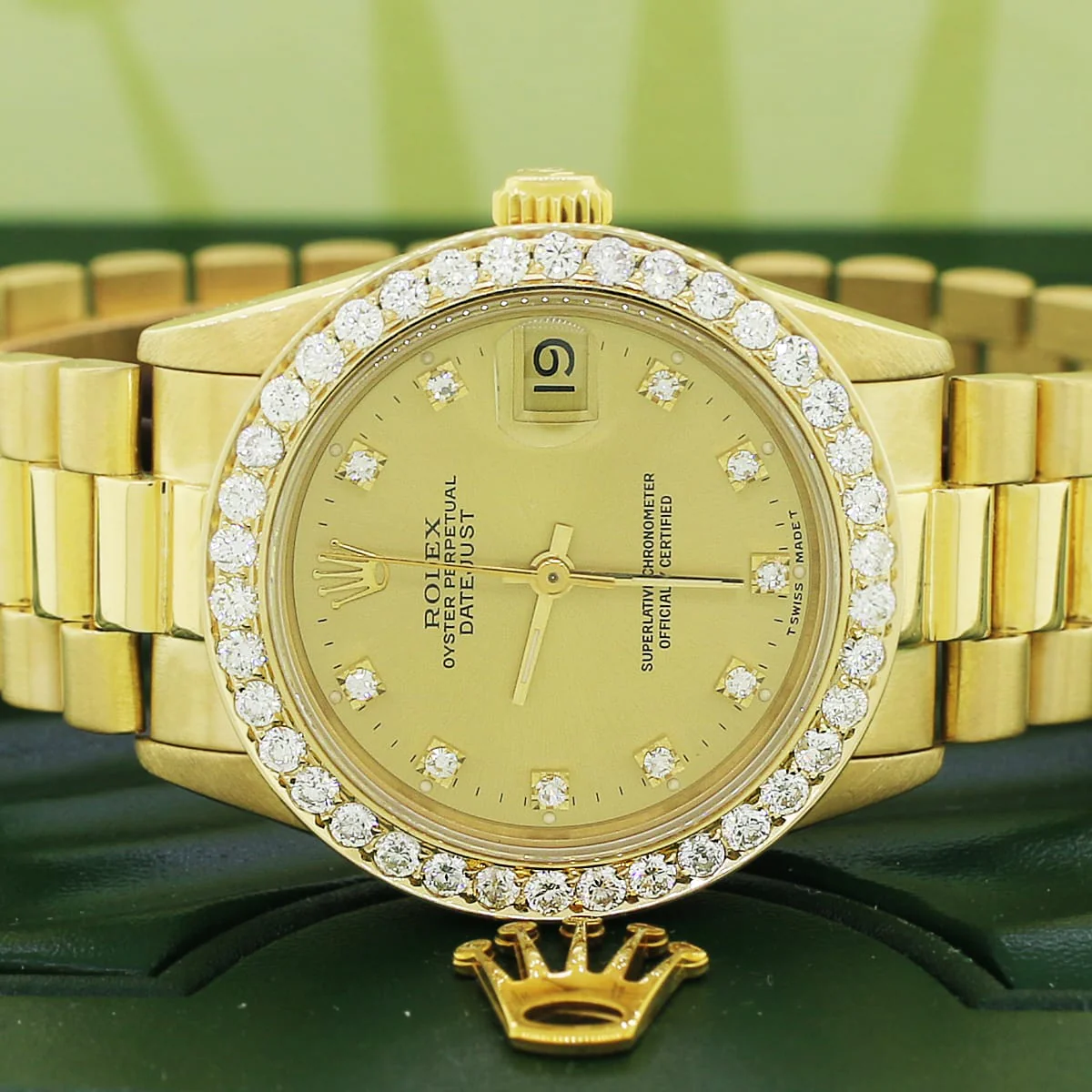 Rolex President Datejust Midsize 31mm 18K Yellow Gold Factory Diamond Dial w/1.52ct Custom Diamond Bezel 68278 Box/Apr
