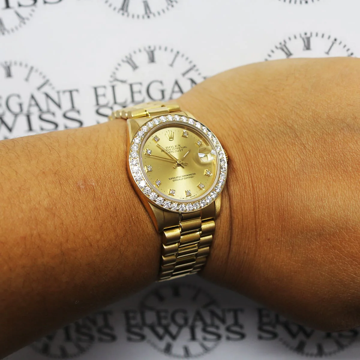 Rolex President Datejust Midsize 31mm 18K Yellow Gold Factory Diamond Dial w/1.52ct Custom Diamond Bezel 68278 Box/Apr - Image 2