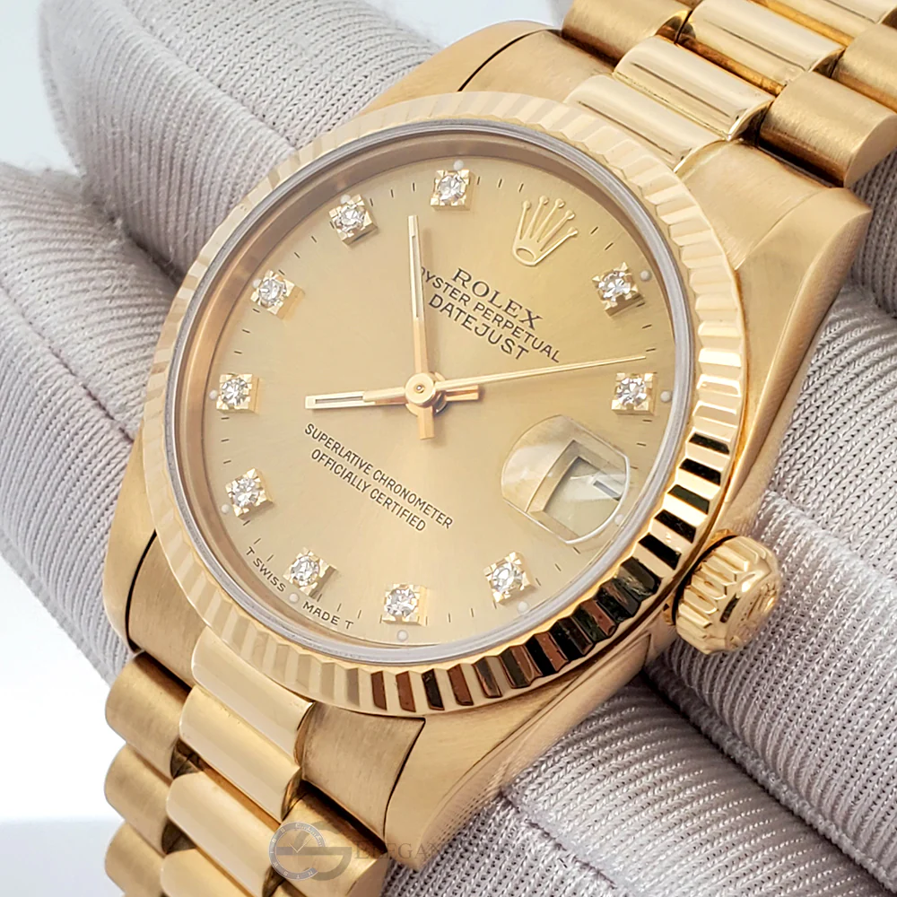 Rolex President Datejust Midsize 31mm Factory Champagne Diamond Dial Yellow Gold 68278 Watch - Image 2