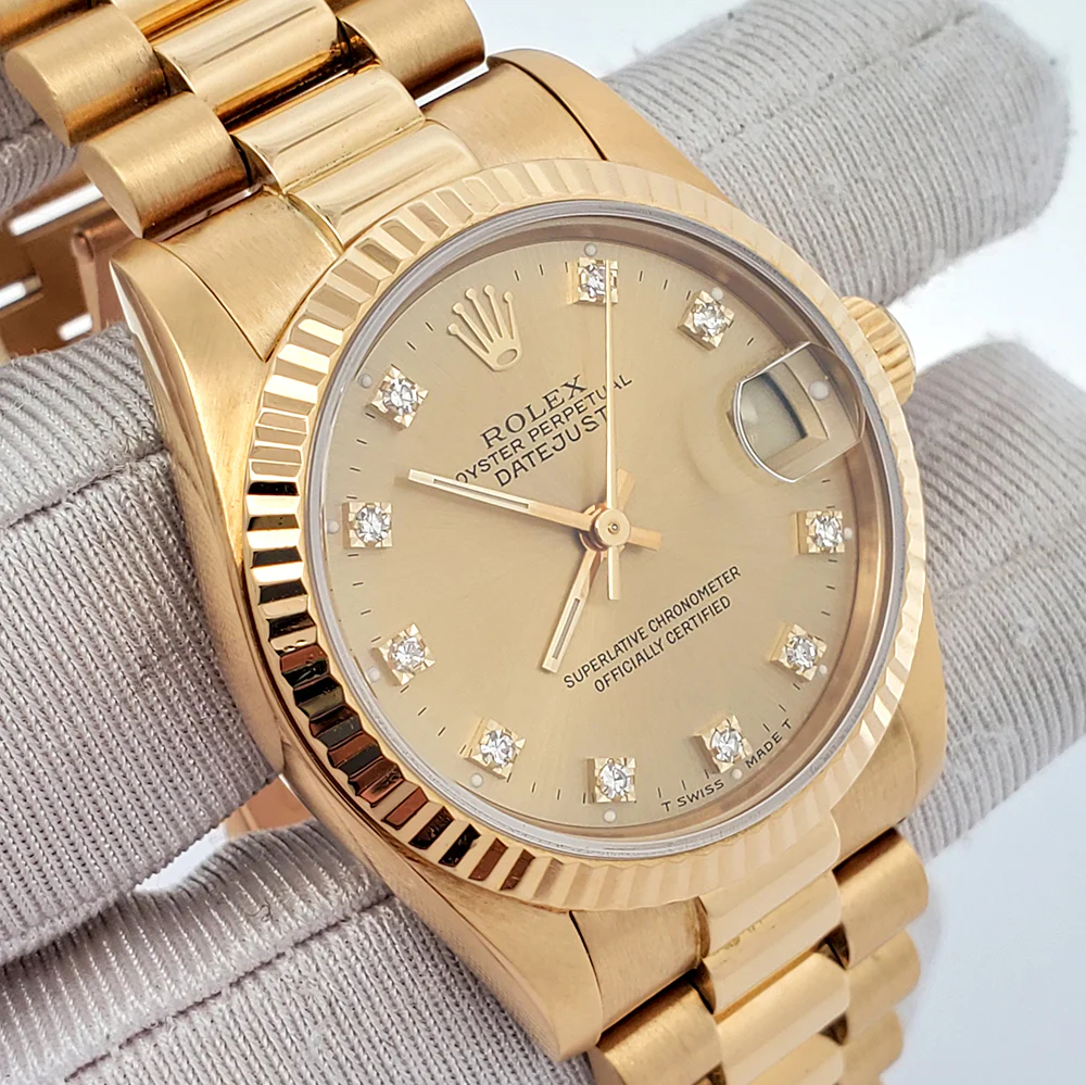 Rolex President Datejust Midsize 31mm Factory Champagne Diamond Dial Yellow Gold 68278 Watch - Image 3