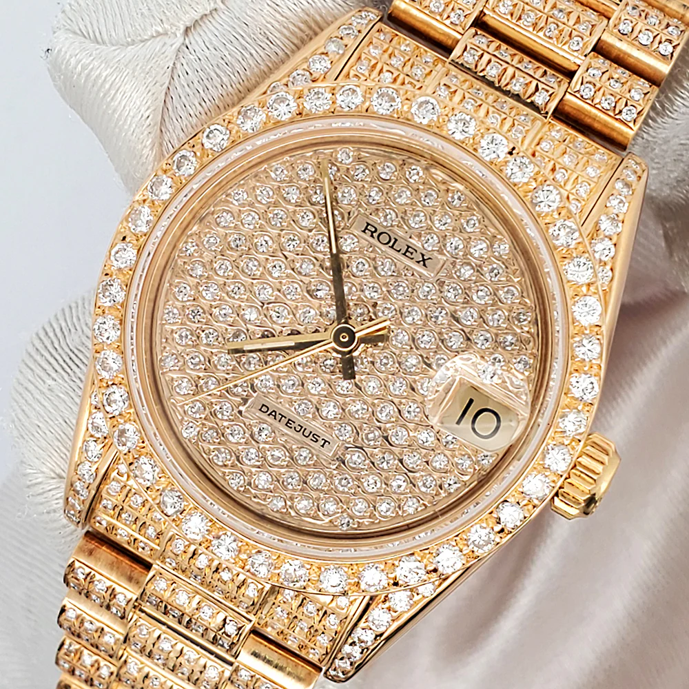 Rolex President Datejust Midsize 31mm Pave Diamond Yellow Gold Watch 68278 Box Papers - Image 2