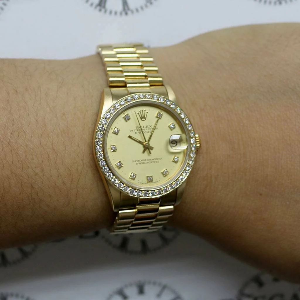 Rolex President Datejust Midsize Gold Factory Diamond Dial 68278 w/Diamond Bezel