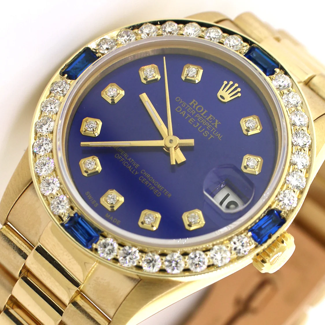 Rolex President Datejust Midsize 31MM Yellow Gold Watch Custom w/Blue Diamond Dial & Bezel 68278