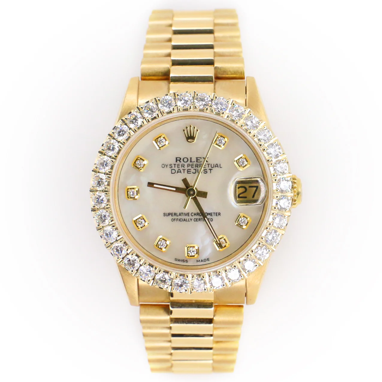 Rolex President Yellow Gold 31mm Watch w/Custom 2.25ct Diamond Bezel/White MOP