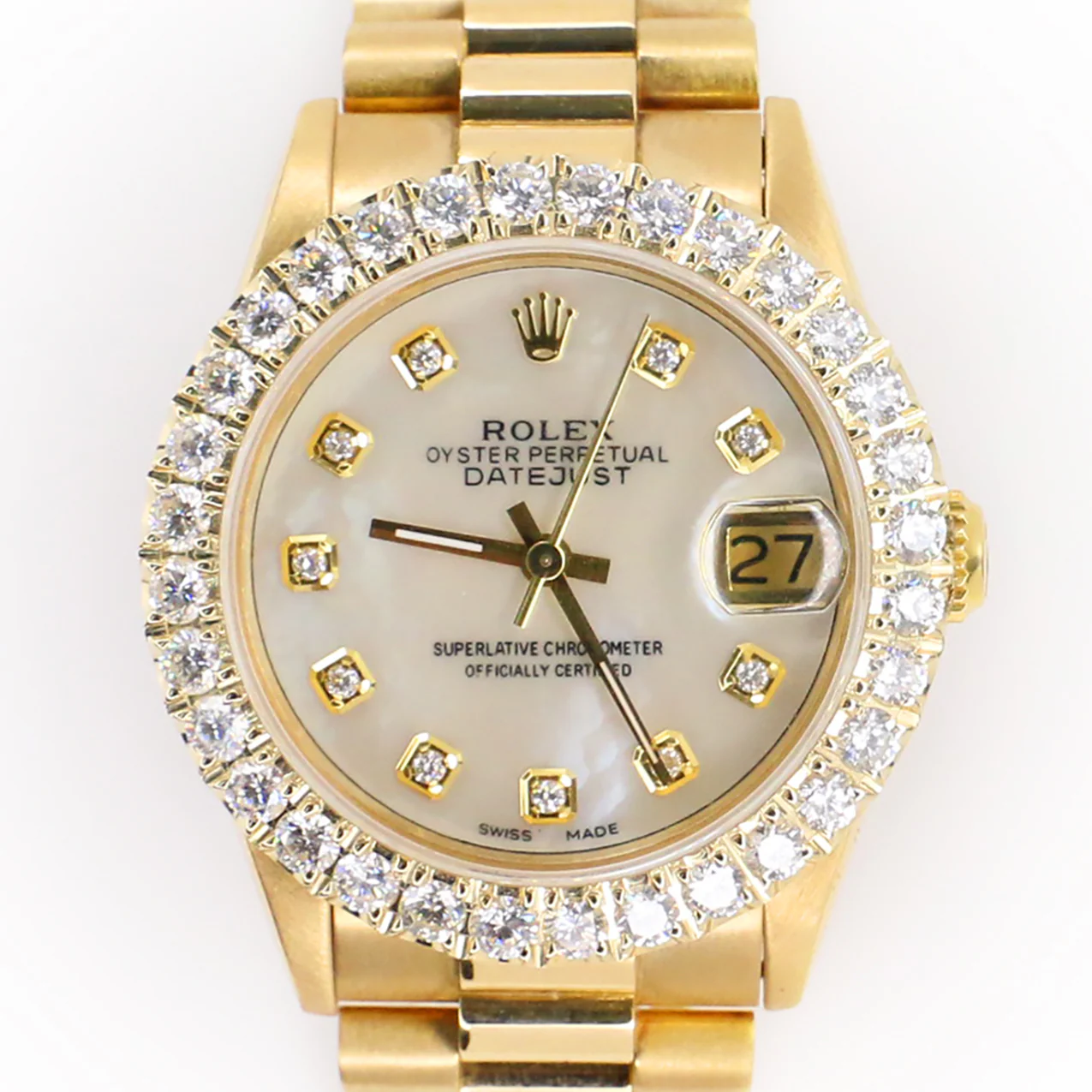 Rolex President Yellow Gold 31mm Watch w/Custom 2.25ct Diamond Bezel/White MOP - Image 2