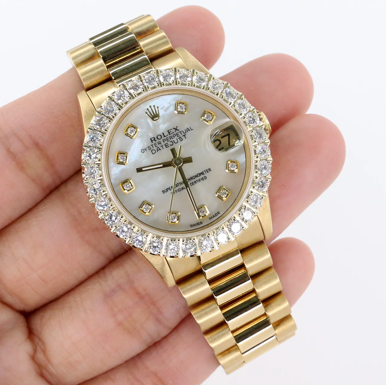 Rolex President Yellow Gold 31mm Watch w/Custom 2.25ct Diamond Bezel/White MOP - Image 3