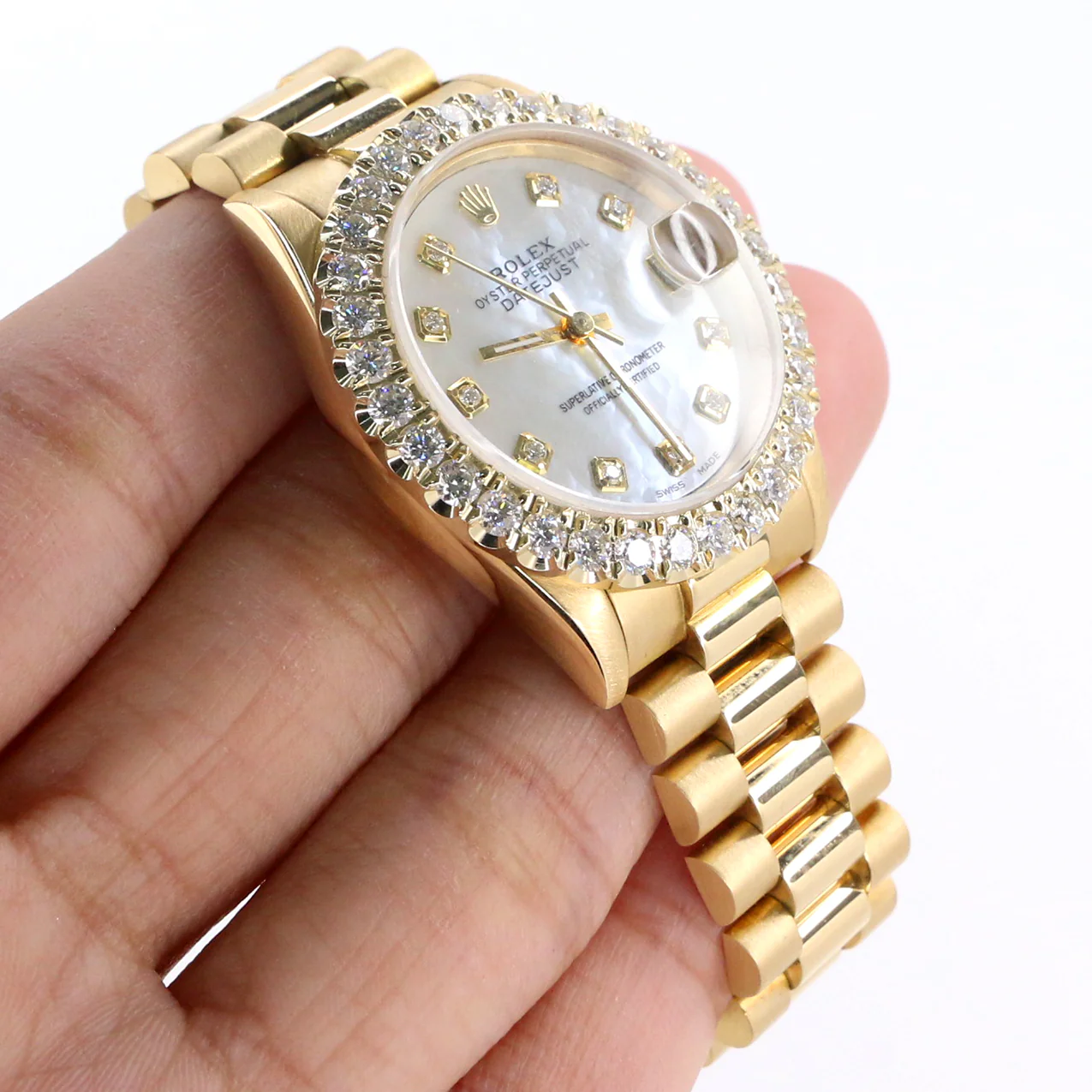 Rolex President Yellow Gold 31mm Watch w/Custom 2.25ct Diamond Bezel/White MOP - Image 4