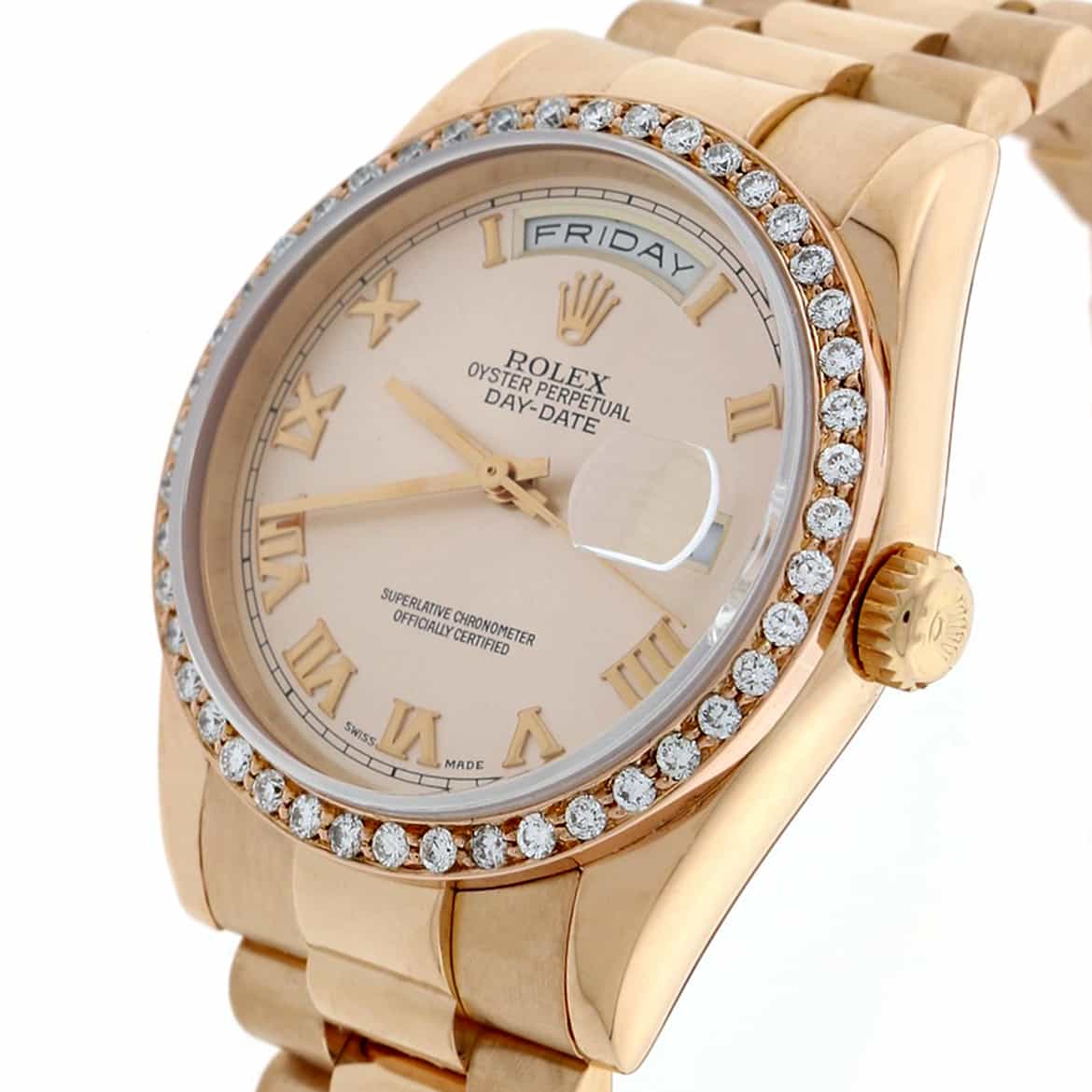 Rolex President Day-Date 18K Rose Gold Original Pink Roman Dial 36MM Automatic Mens Watch w/Custom 1.5Ct Diamond Bezel 118205 - Image 5