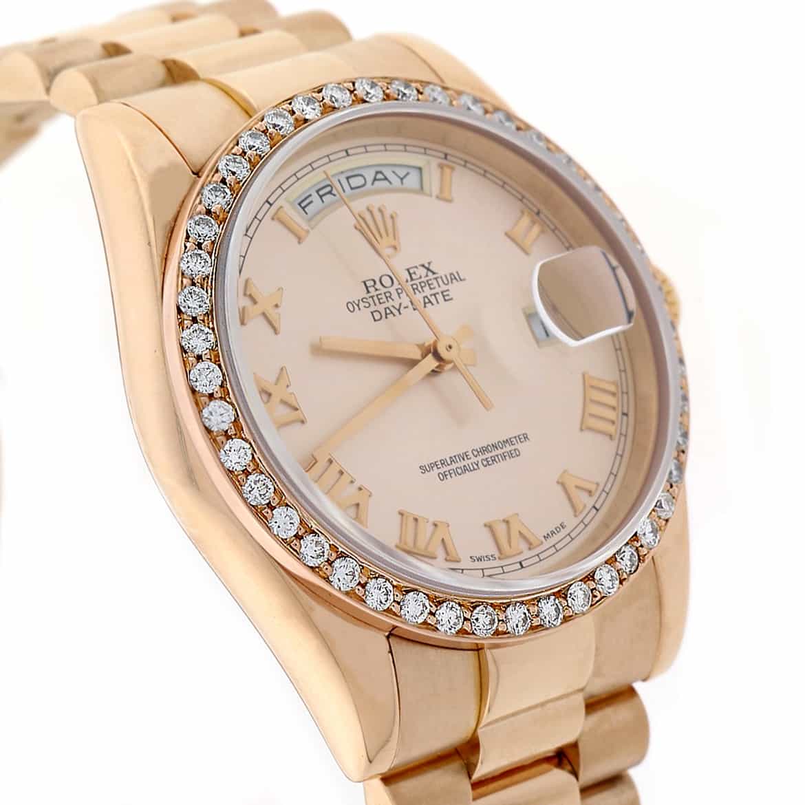 Rolex President Day-Date 18K Rose Gold Original Pink Roman Dial 36MM Automatic Mens Watch w/Custom 1.5Ct Diamond Bezel 118205 - Image 6