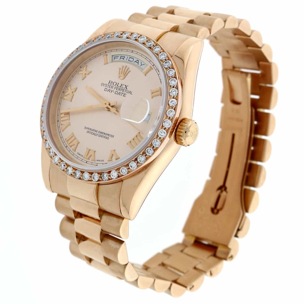 Rolex President Day-Date 18K Rose Gold Original Pink Roman Dial 36MM Automatic Mens Watch w/Custom 1.5Ct Diamond Bezel 118205 - Image 7