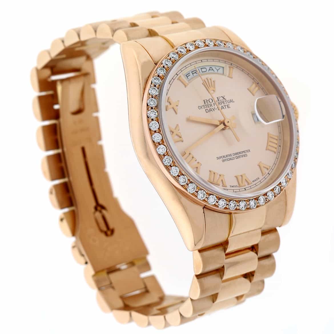 Rolex President Day-Date 18K Rose Gold Original Pink Roman Dial 36MM Automatic Mens Watch w/Custom 1.5Ct Diamond Bezel 118205 - Image 8