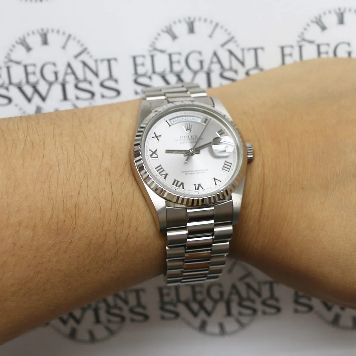 Rolex President Day-Date 18K White Gold T series Serviced in 2016 36MM Double-Quick Factory Roman Dial Automatic Mens Watch 18239 - Image 3