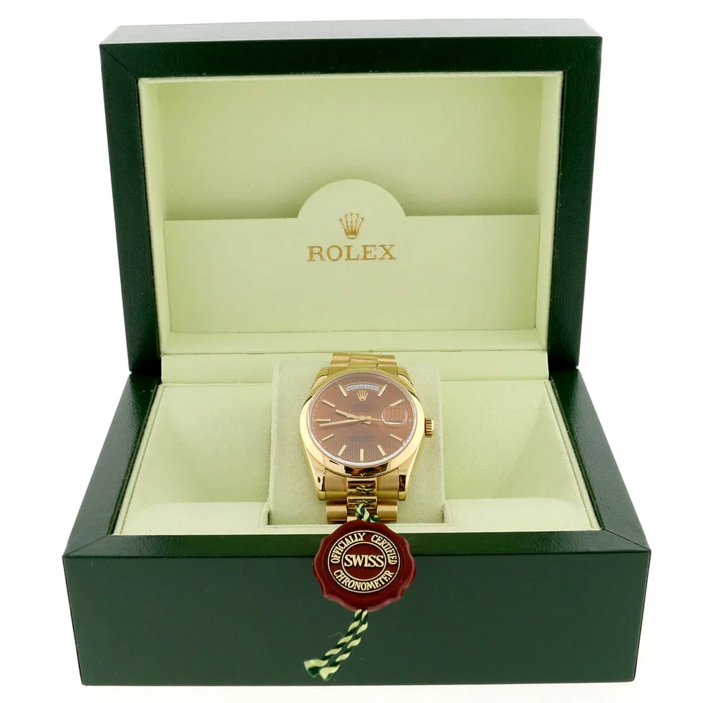 Rolex President Day-Date 18K Yellow Gold Brown Tapestry Dial 36MM Automatic Mens Watch 118208 - Image 3