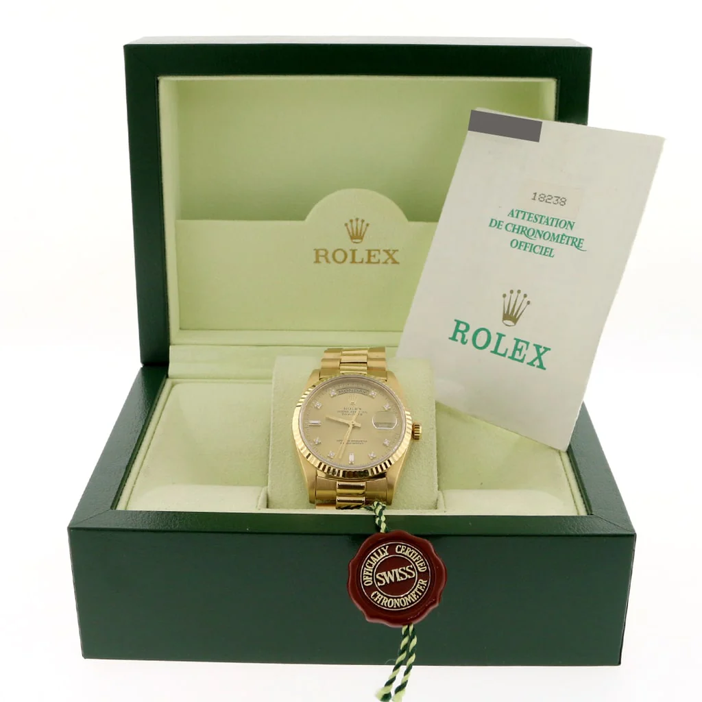 Rolex President Day-Date 18K Yellow Gold Factory Champagne Diamond Dial 36MM Automatic Mens Watch 18238 - Image 3