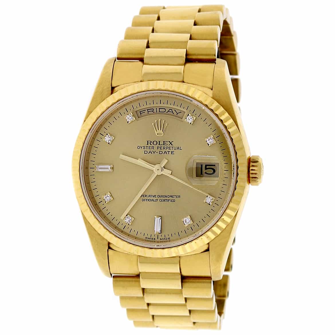 Rolex President Day-Date 18K Yellow Gold Original Champagne Diamond Dial 36MM Automatic Mens Watch 18238