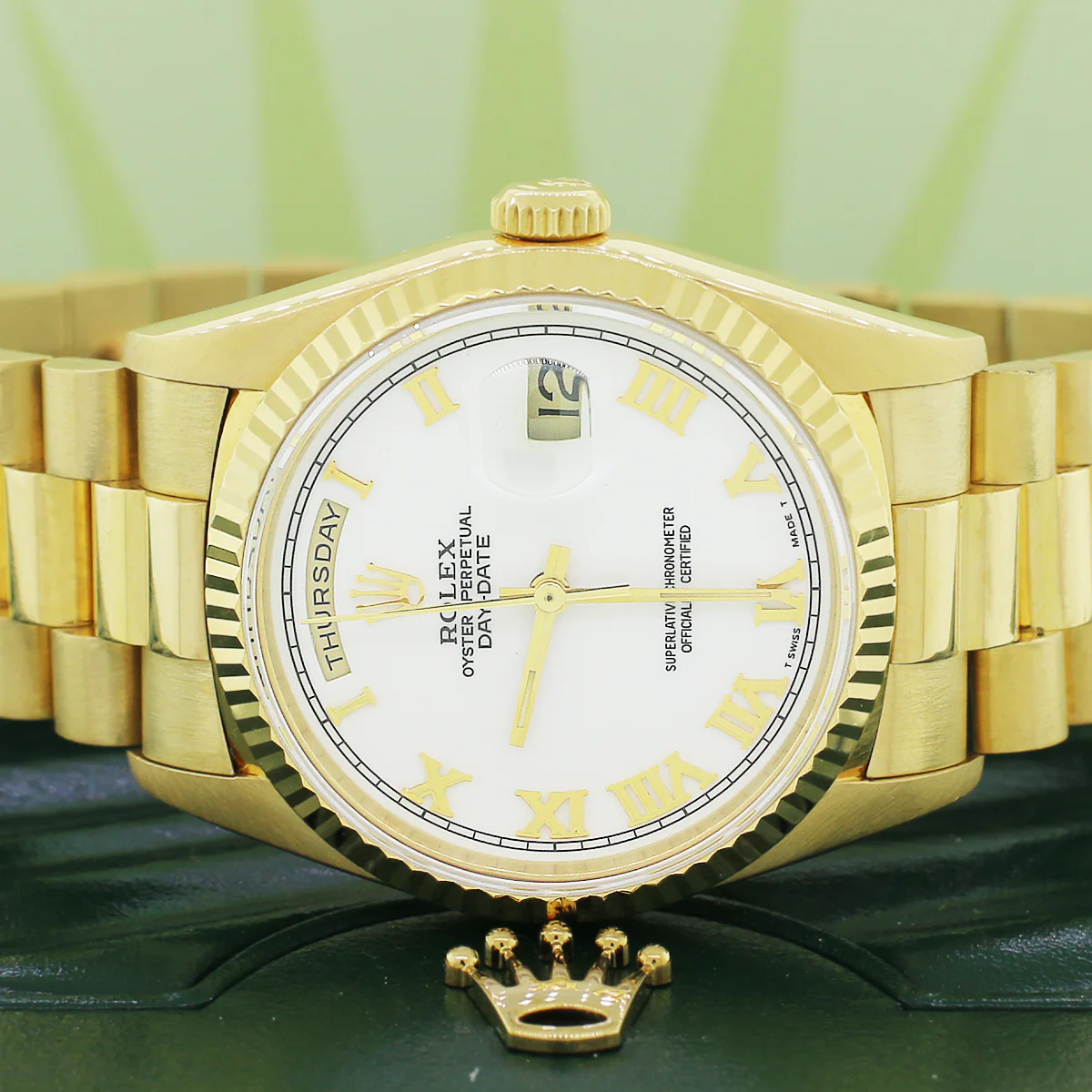 Rolex President Day-Date 18K Yellow Gold Original White Roman Dial Double Quick 36MM Automatic Mens Watch 18238 - Image 3