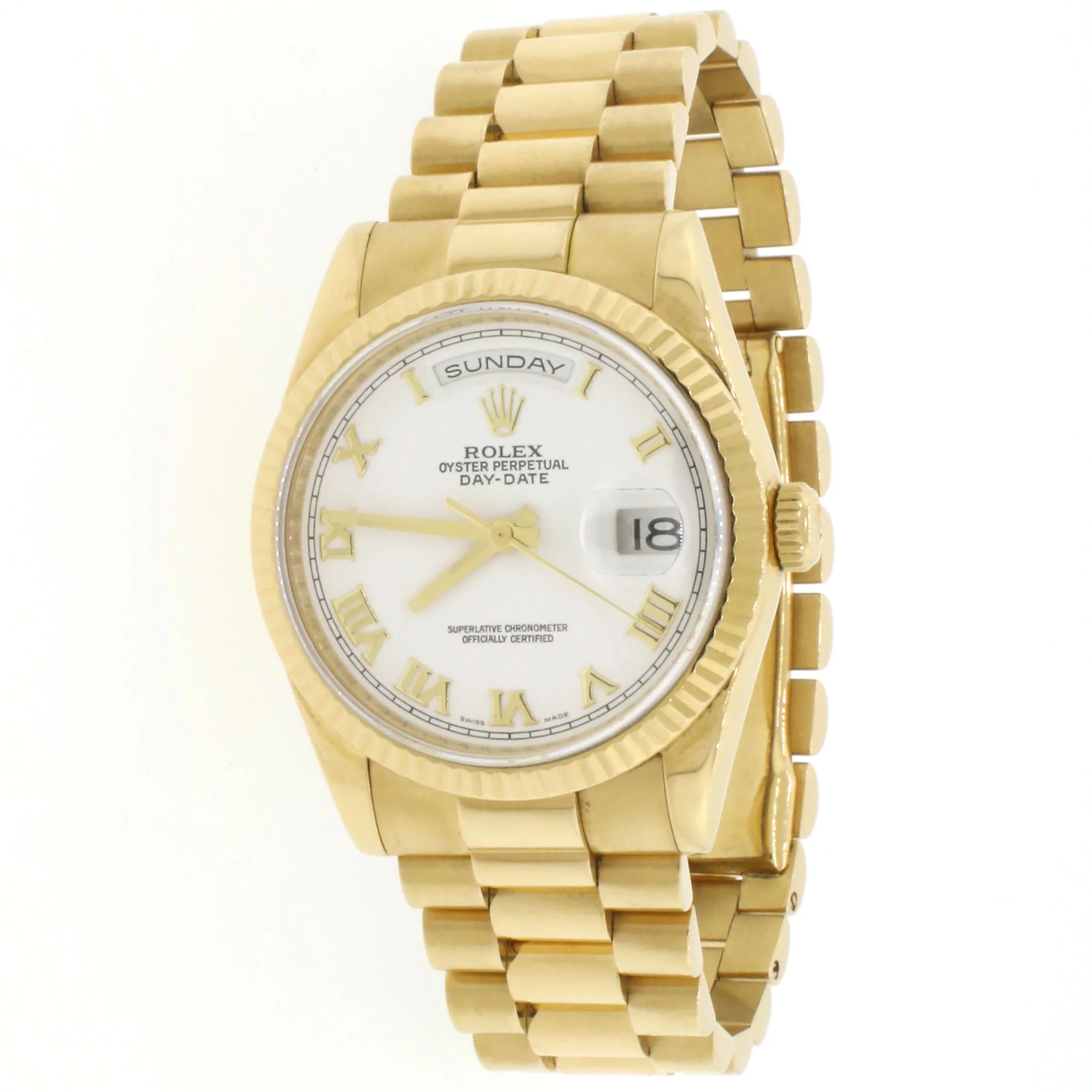 Rolex President Day-Date 18K Yellow Gold White Roman Dial 36MM Watch 118238