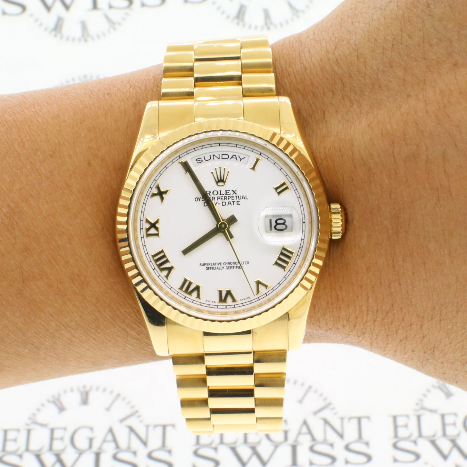 Rolex President Day-Date 18K Yellow Gold White Roman Dial 36MM Watch 118238 - Image 3