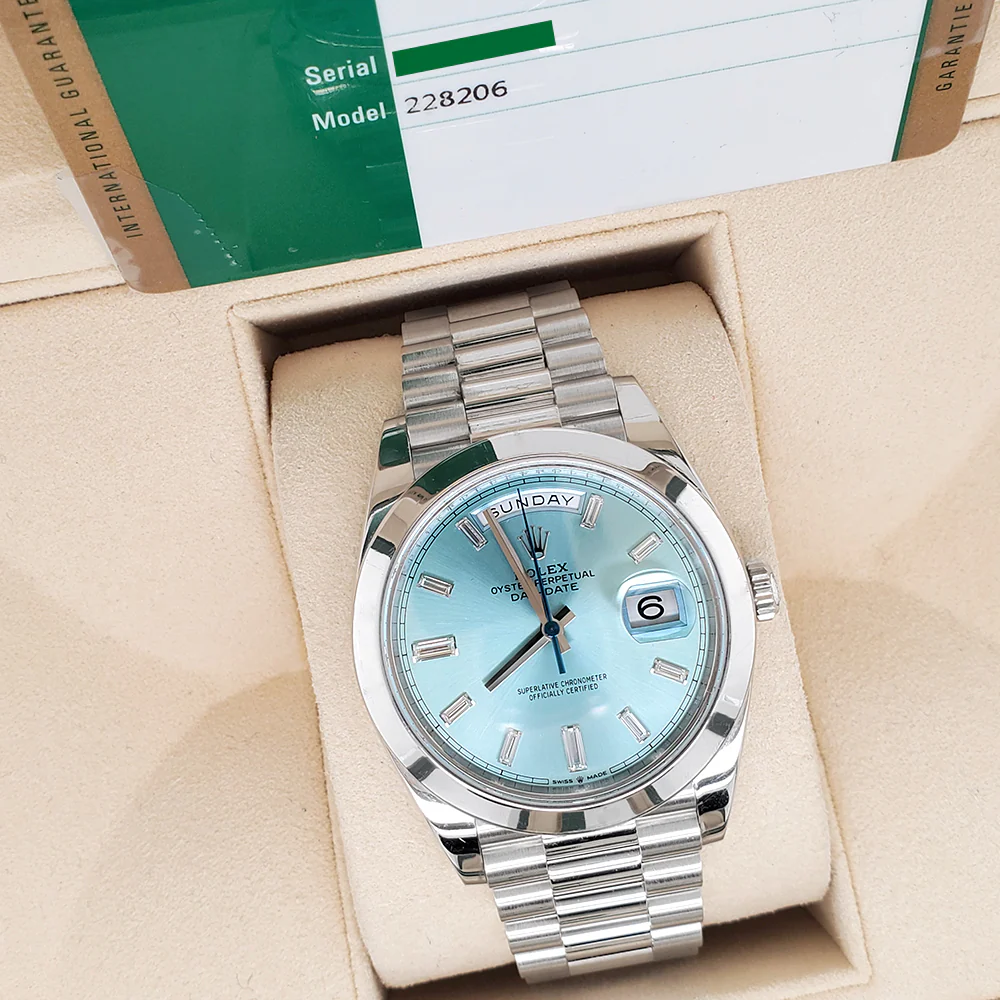 Rolex President Day-Date 228206 40mm Ice Blue Baguette Diamond Dial Platinum Watch Box Papers