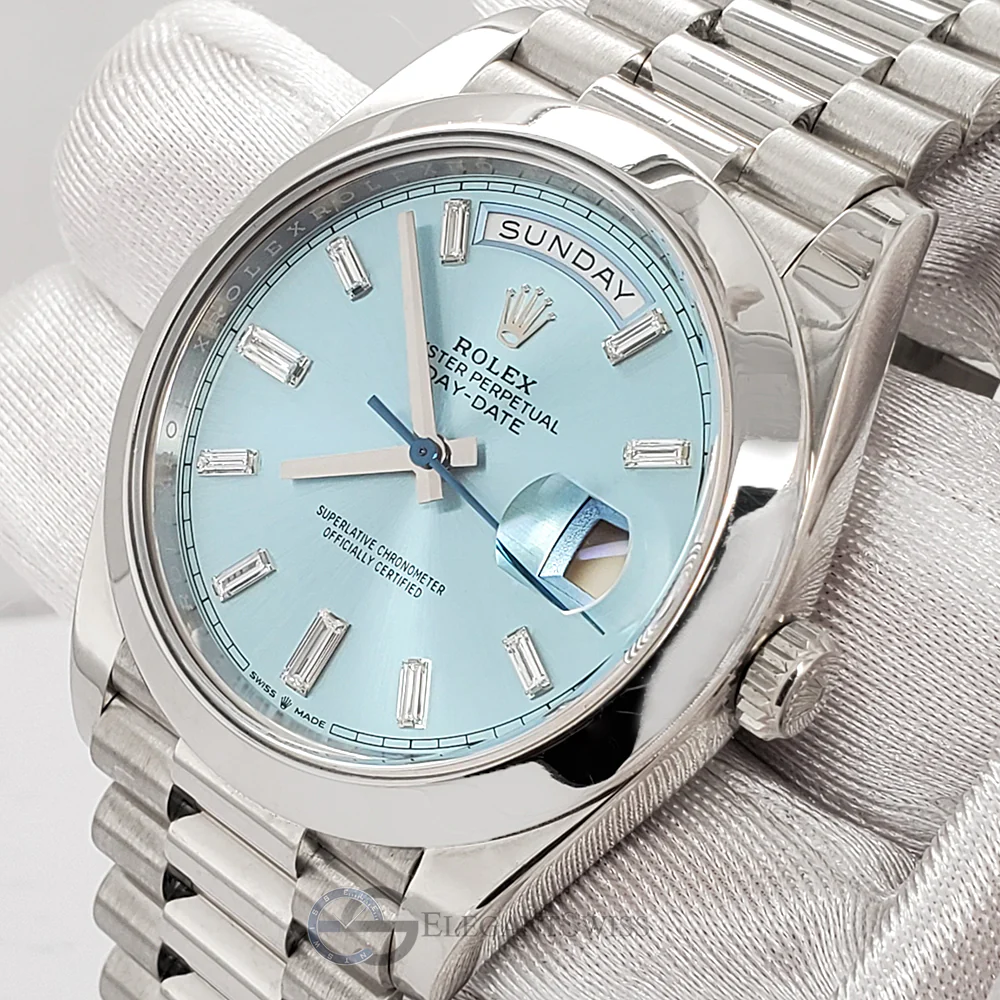 Rolex President Day-Date 228206 40mm Ice Blue Baguette Diamond Dial Platinum Watch Box Papers - Image 2