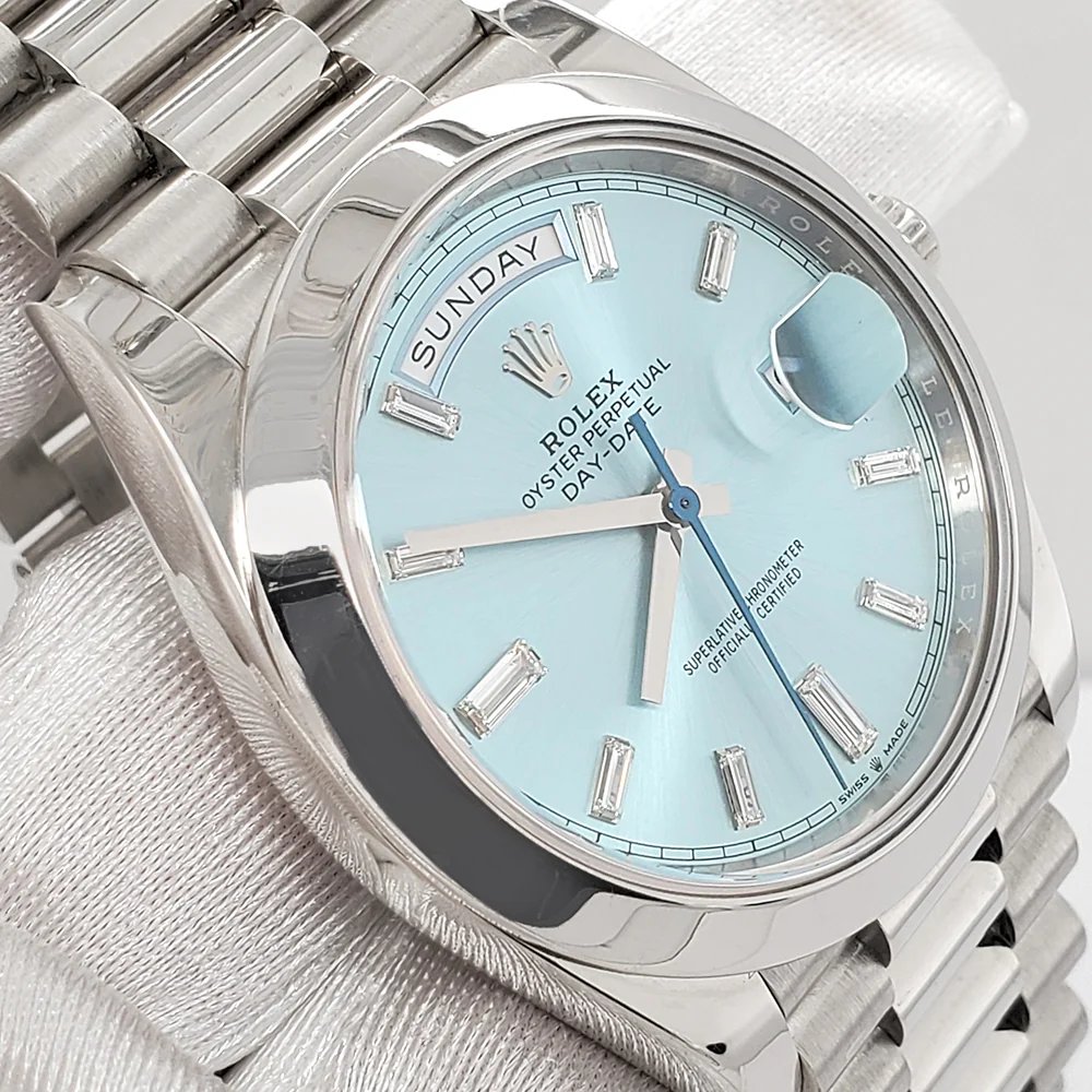 Rolex President Day-Date 228206 40mm Ice Blue Baguette Diamond Dial Platinum Watch Box Papers - Image 3