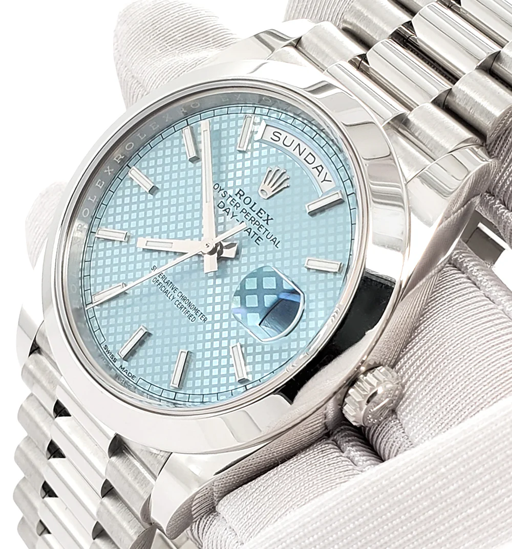 Rolex President Day-Date 228206 40mm Ice Blue Diagonal Motif Index Dial Platinum Watch Box Papers - Image 2