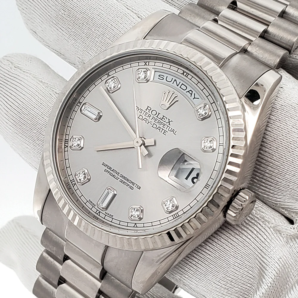 Rolex President Day-Date 36mm 118239 Factory Silver Diamond Dial White Gold Watch - Image 2