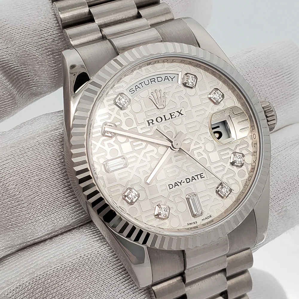 Rolex President Day-Date 36mm 118239 Factory Silver Jubilee Diamond Dial Fluted White Gold Watch Box Papers - Image 2