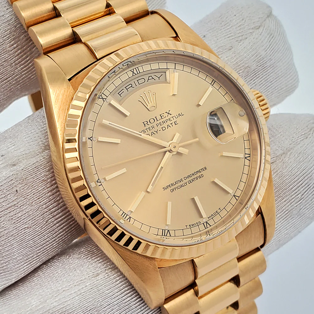 Rolex President Day-Date 36mm 18238 Factory Champagne Stick Dial Double-Quick Yellow Gold Watch Box Papers