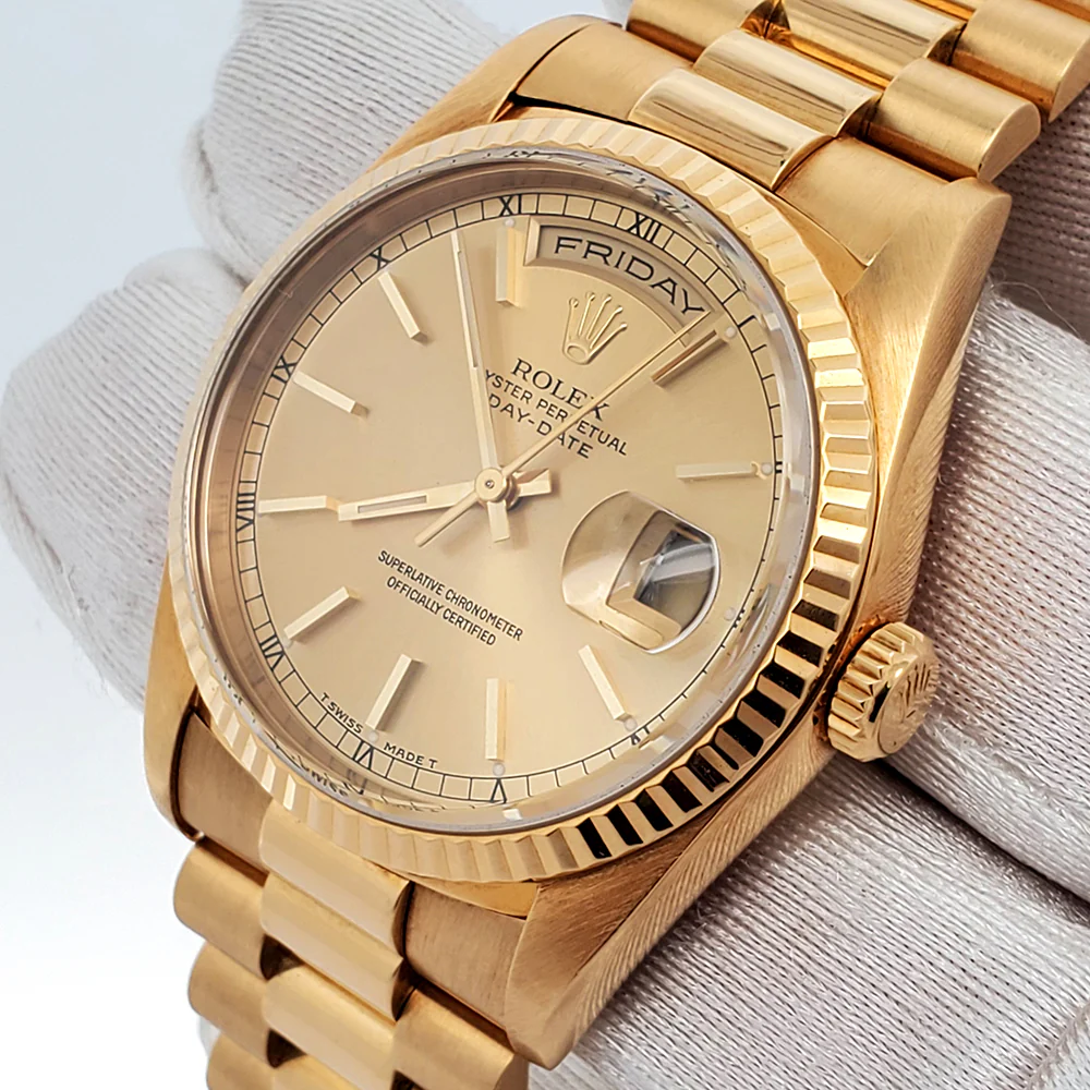 Rolex President Day-Date 36mm 18238 Factory Champagne Stick Dial Double-Quick Yellow Gold Watch Box Papers - Image 2