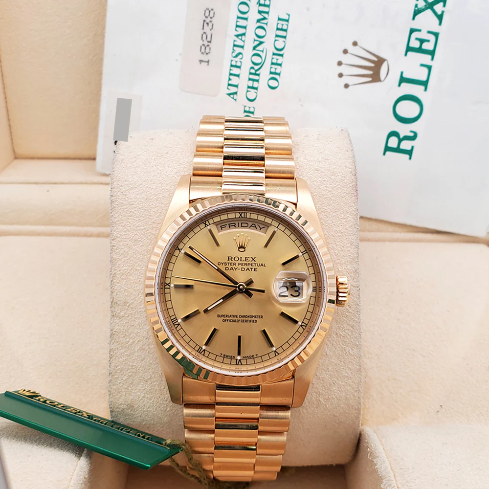 Rolex President Day-Date 36mm 18238 Factory Champagne Stick Dial Double-Quick Yellow Gold Watch Box Papers - Image 3