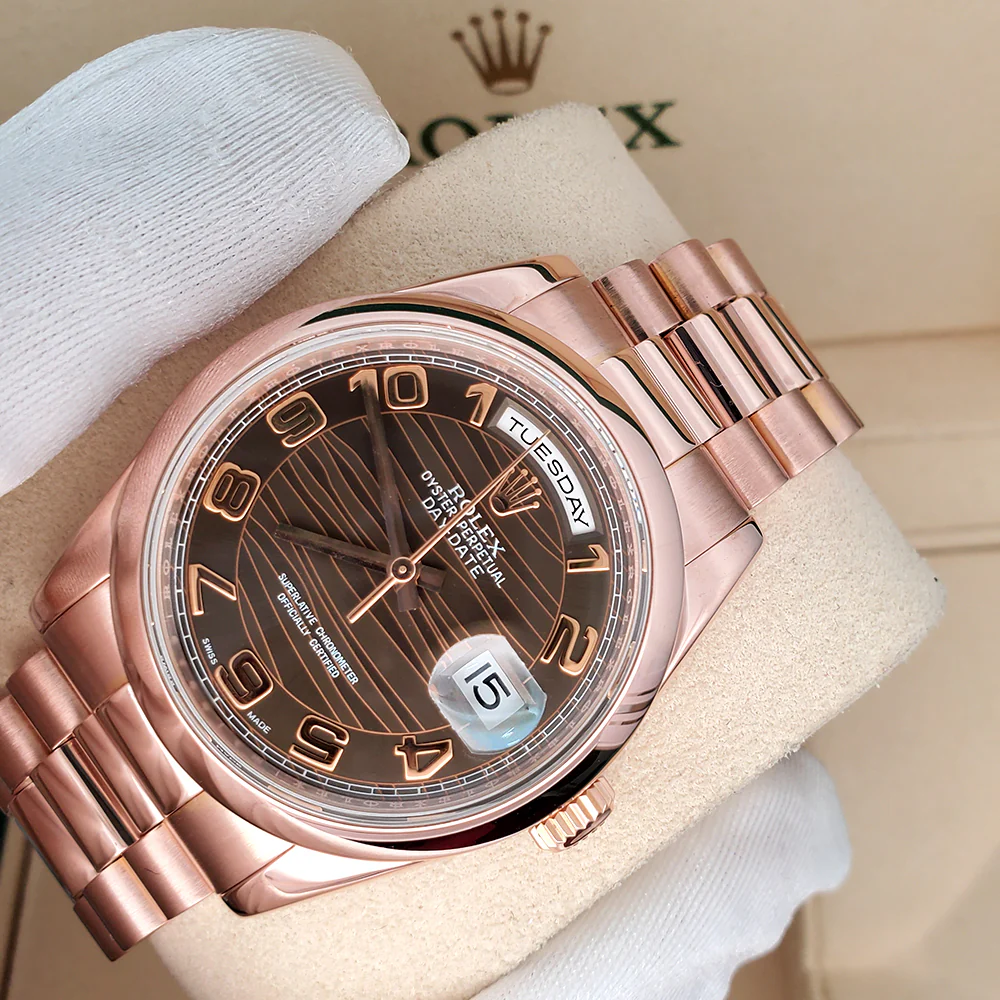 Rolex President Day-Date 36mm Chocolate Wave Arabic Dial Rose Gold Watch 118205 - Image 2