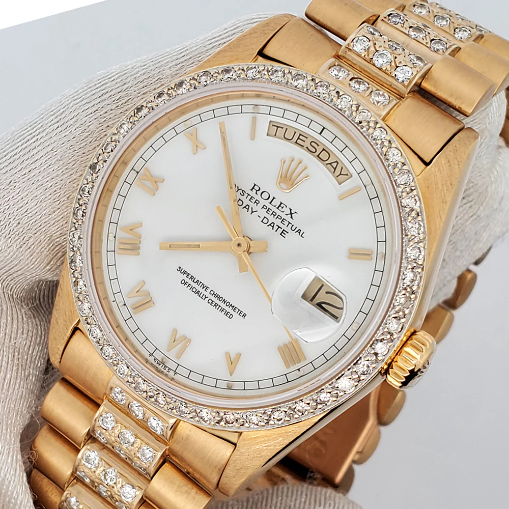 Rolex President Day-Date 36mm Diamond Bezel/Lugs/White Roman Dial Yellow Gold 18038 Watch - Image 2