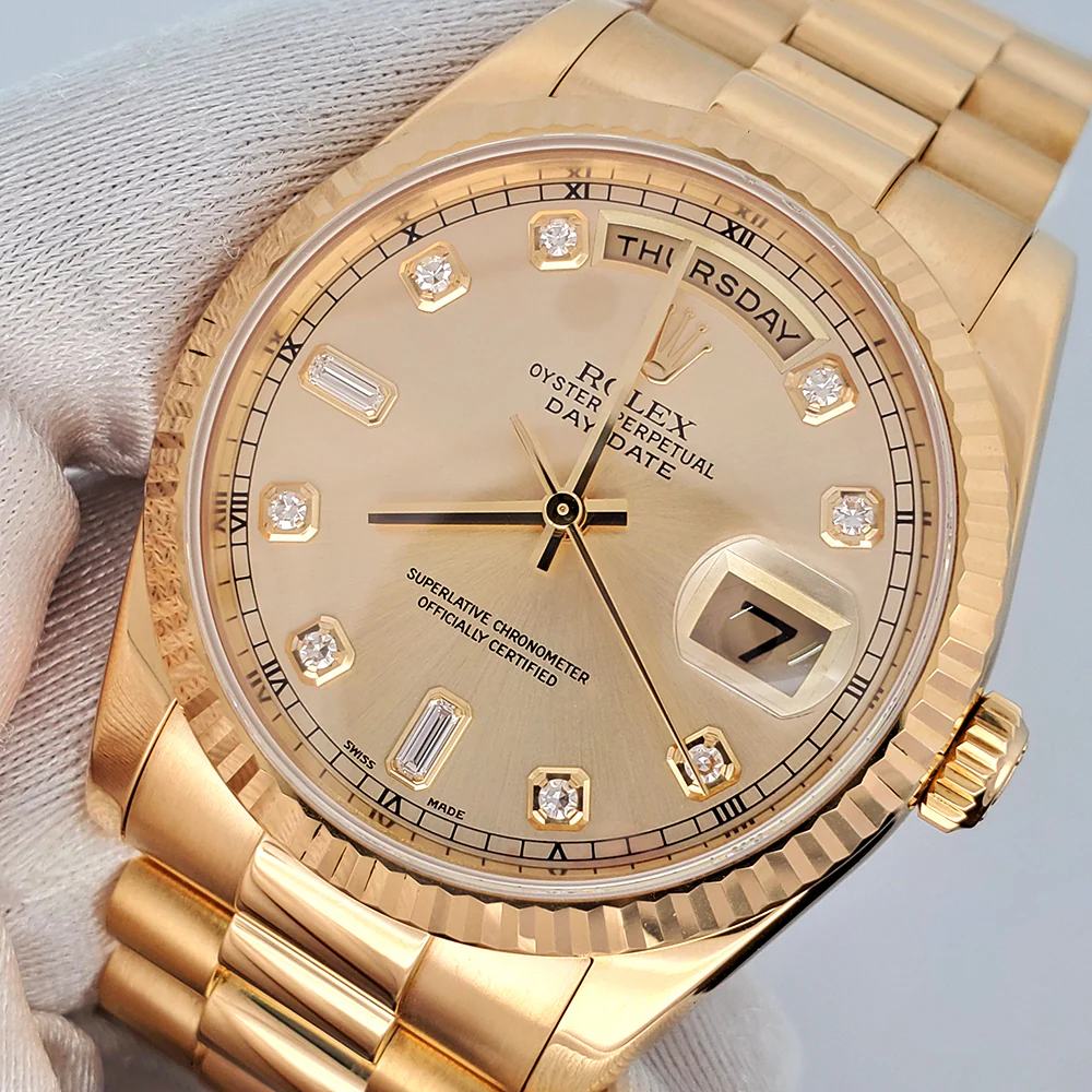 Rolex President Day-Date 36mm Factory Champagne Diamond Dial Yellow Gold Watch 118238