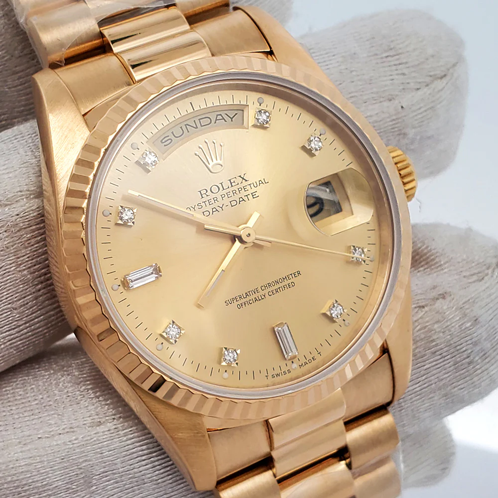Rolex President Day-Date 36mm Factory Diamond Dial Double-Quick Yellow Gold Watch 18238 Box Papers - Image 3