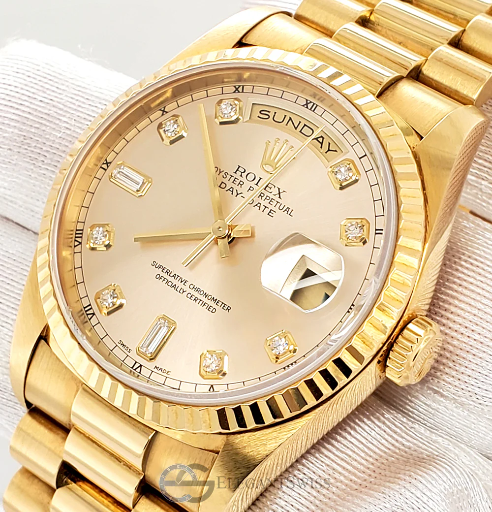 Rolex President Day-Date 36mm Silver/Champagne Dial Double-Quick Yellow Gold Watch 18238 Box Papers