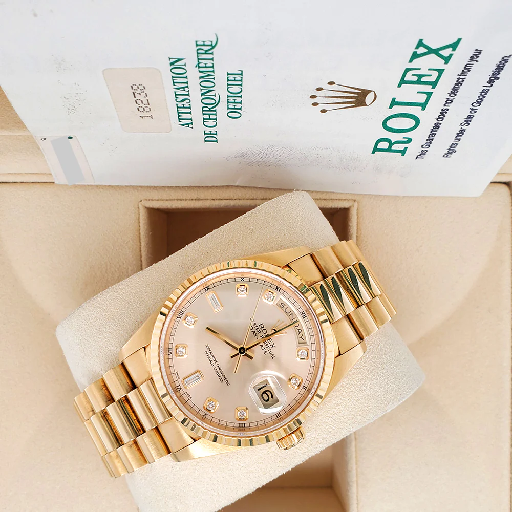 Rolex President Day-Date 36mm Silver/Champagne Dial Double-Quick Yellow Gold Watch 18238 Box Papers - Image 3