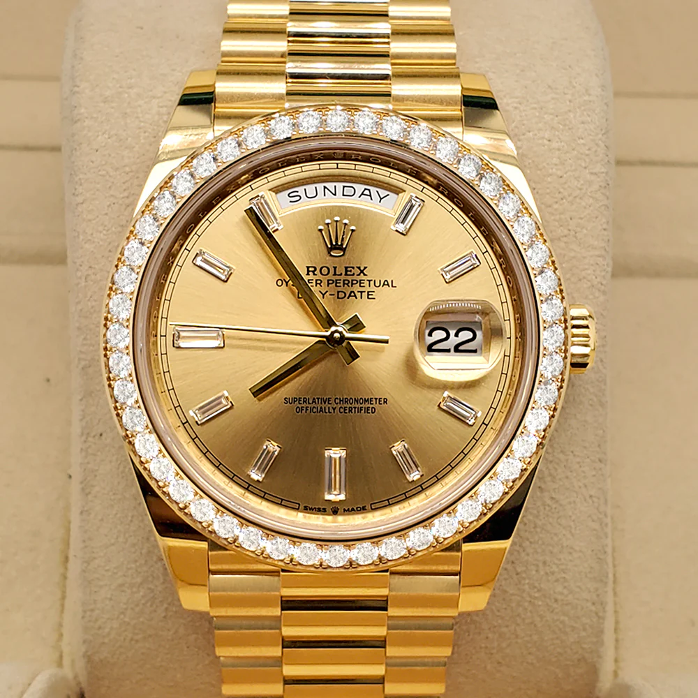 Rolex President Day-Date 40 Factory Champagne Baguette Diamond Dial/Bezel Yellow Gold 228348RBR Box Papers
