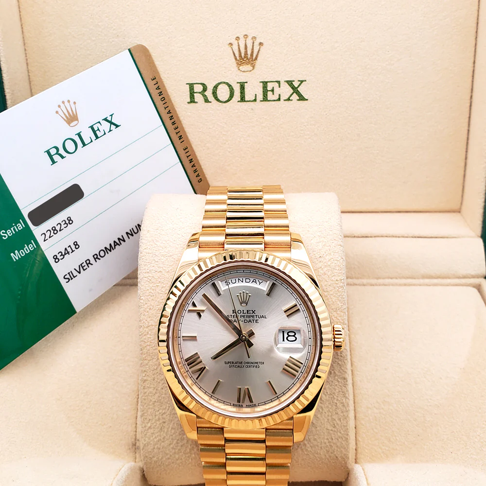 Rolex President Day-Date 40 Yellow Gold Silver Roman Dial Watch 228238 Box Papers - Image 4