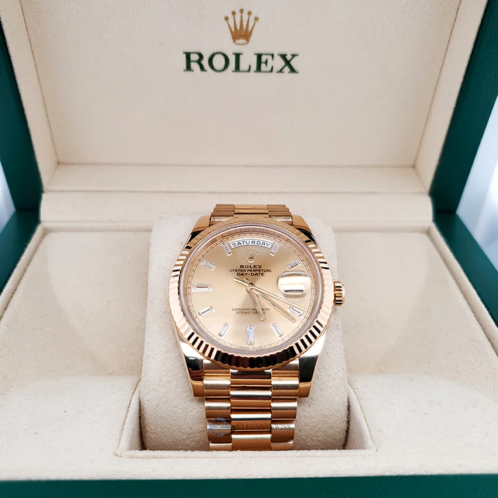Rolex President Day-Date 40mm Yellow Gold Fluted Bezel/Champagne 10 Baguettes Diamond Dial 228238 Watch Box Papers - Image 2