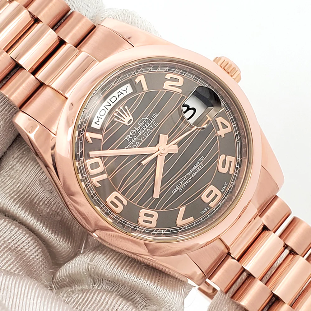 Rolex President Day-Date Chocolate Wave Arabic Dial Rose Gold 36mm Watch 118205 Box Papers - Image 2