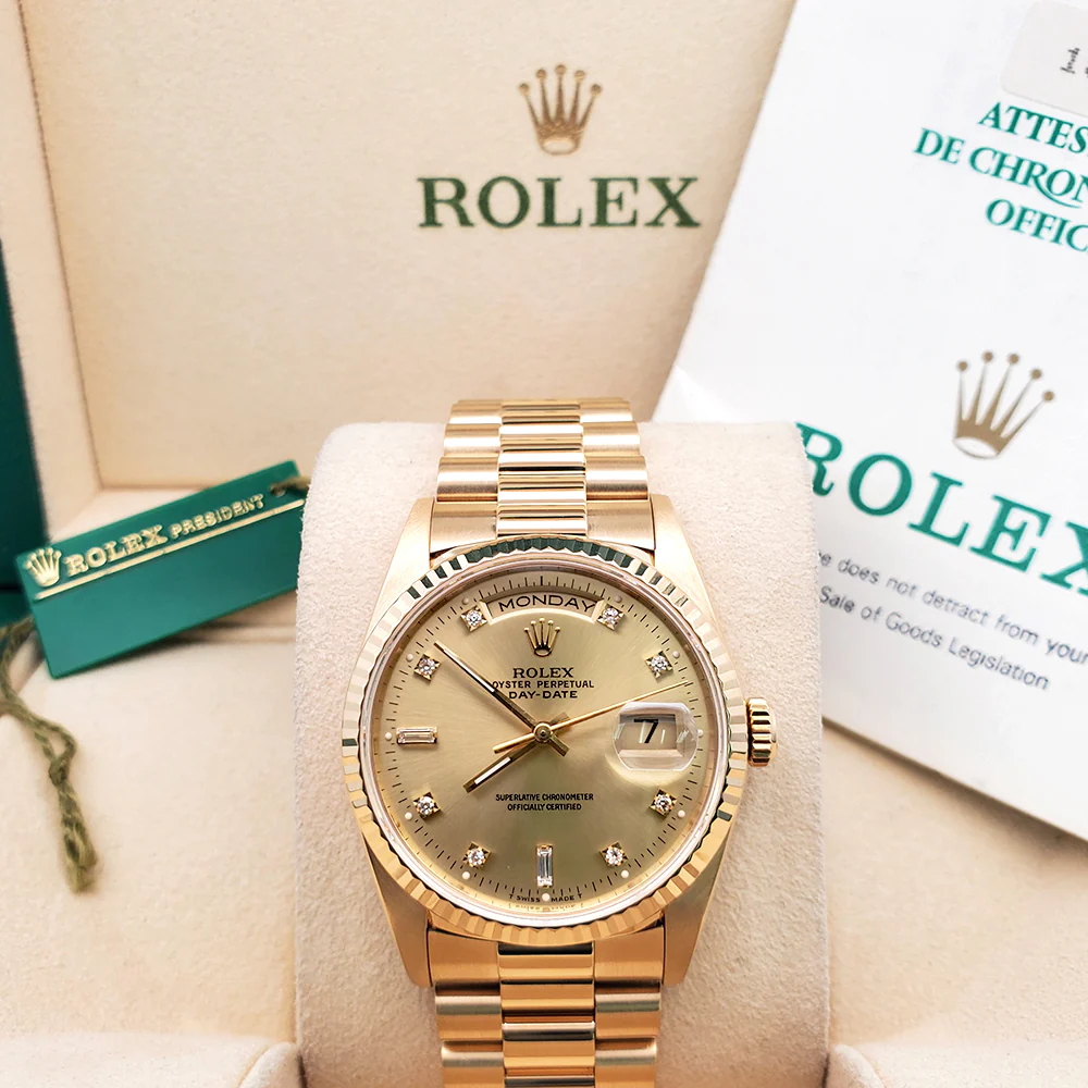 Rolex President Day-Date Factory Diamond Dial Double-Quick Yellow Gold 36mm Watch 18238 Box Papers - Image 3