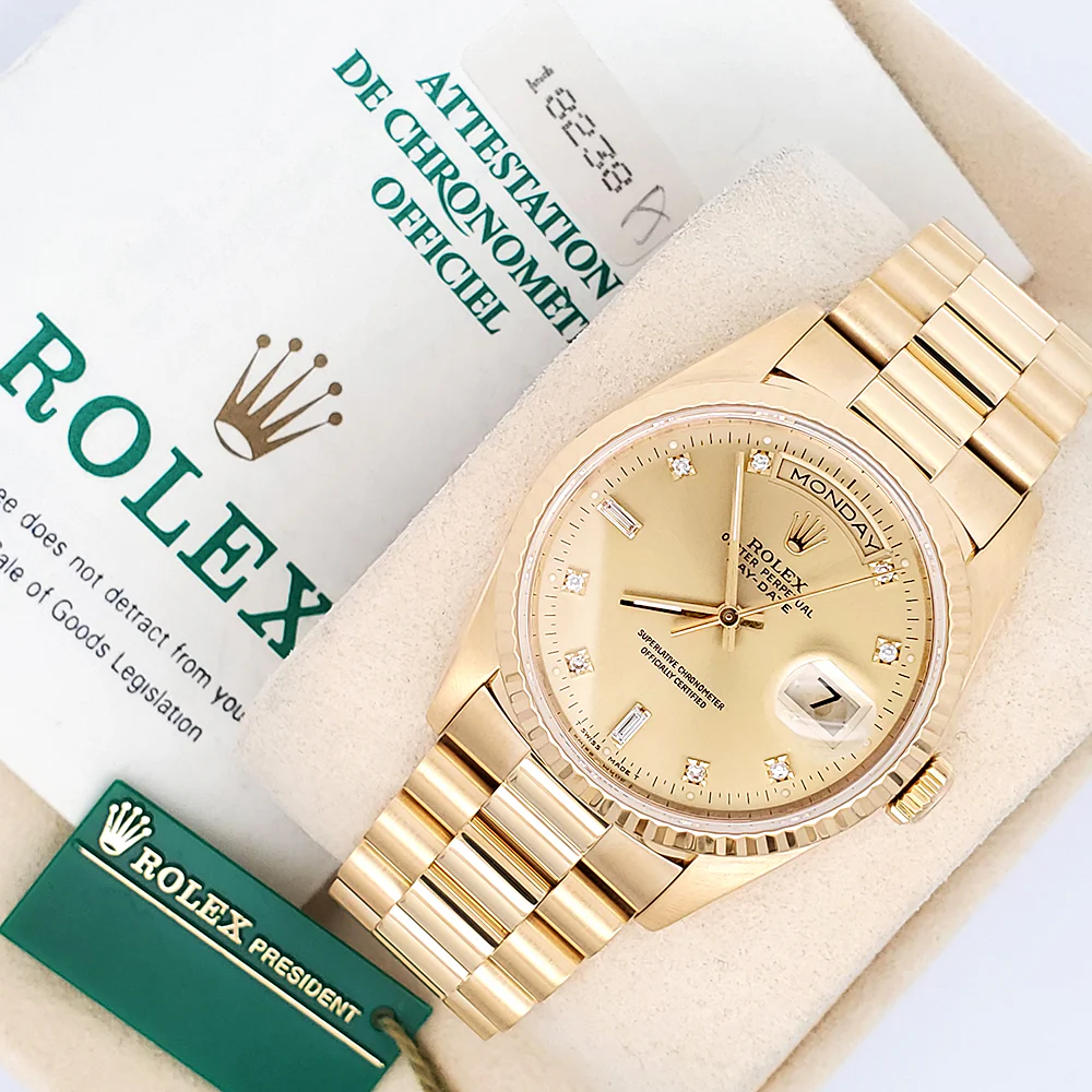 Rolex President Day-Date Factory Diamond Dial Double-Quick Yellow Gold 36mm Watch 18238 Box Papers - Image 4
