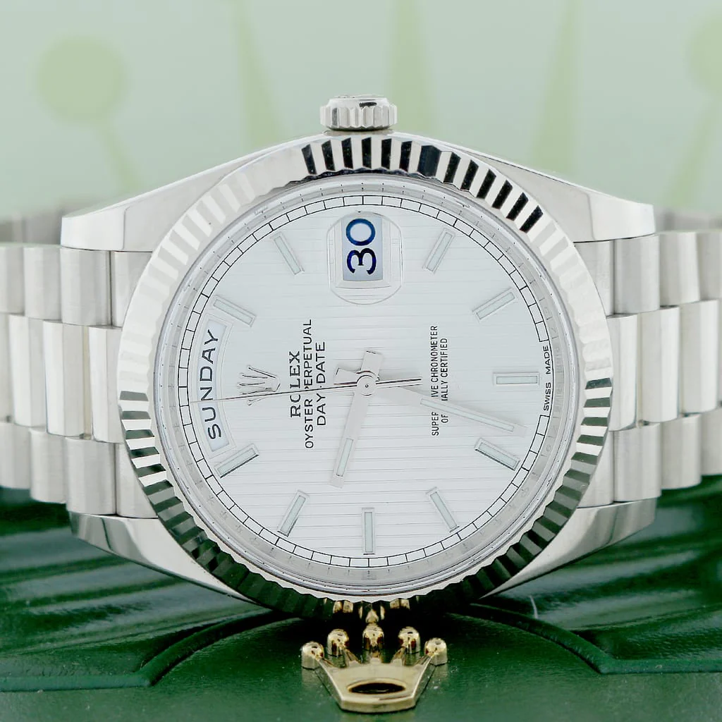 Rolex President Day-Date 40 18K White Gold Automatic Original Silver Striped Motif Dial Mens Watch 228239 - Image 2