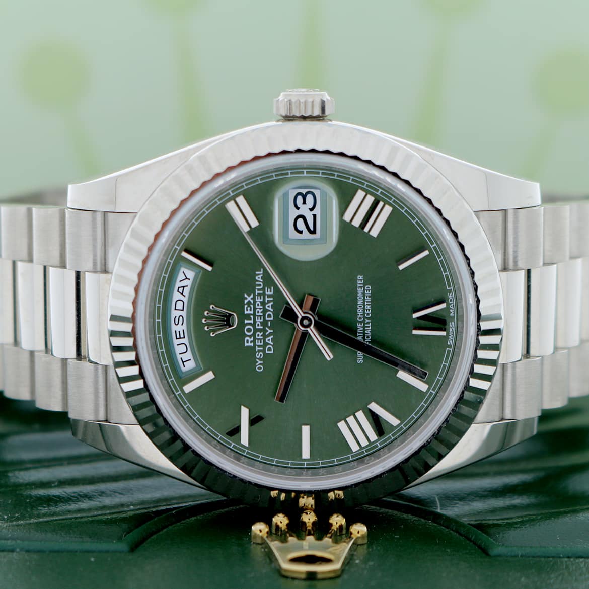 Rolex President Day-Date II 18K White Gold 40MM Original Olive Green Roman Dial Automatic Mens Watch 228239 - Image 3